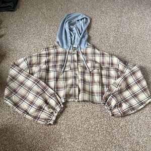 NanaMacs Something To Say Hooded Plaid Crop Top (Beige) - Medium